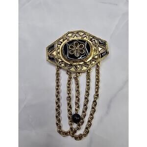 Vintage Brooch Matte Gold Black Enamel Dangle Chain